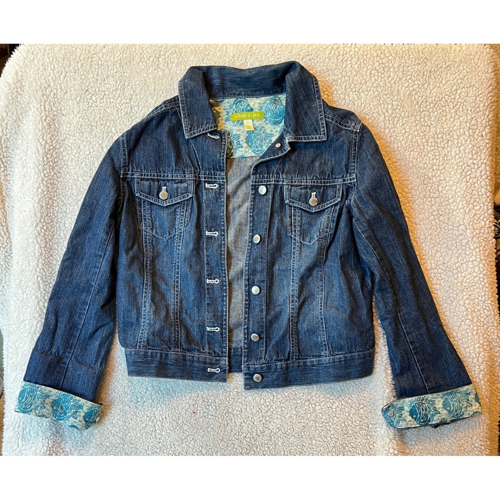 Sigrid Olsen Vintage Denim Jacket Dark Wash Fish Print Lining Size S Small